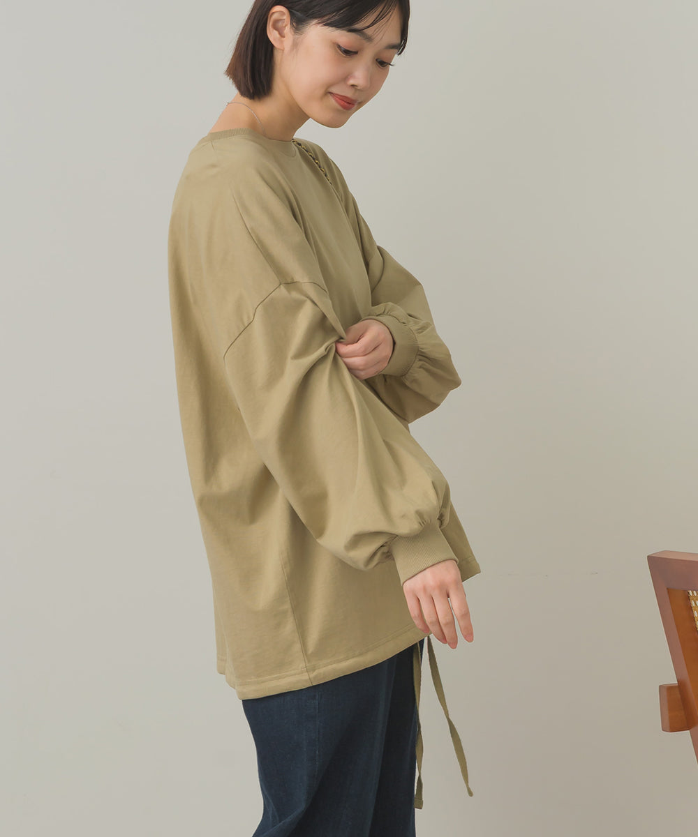 バイオポリウォッシュ袖ボリュームヘムギャザーTシャツ[1001-6226]