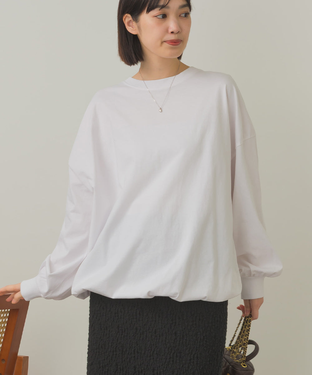 バイオポリウォッシュ袖ボリュームヘムギャザーTシャツ[1001-6226]
