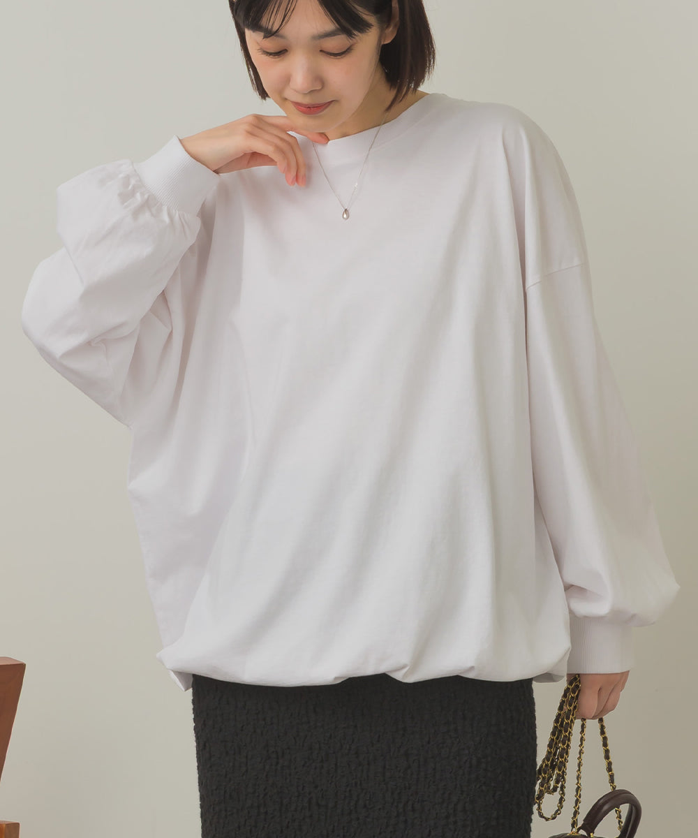 バイオポリウォッシュ袖ボリュームヘムギャザーTシャツ[1001-6226]