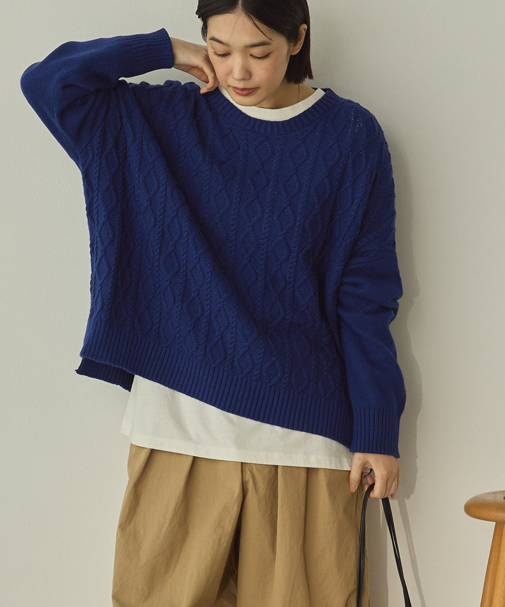 綿カシミヤワイド縄柄プルオーバーニット[11003-5526]