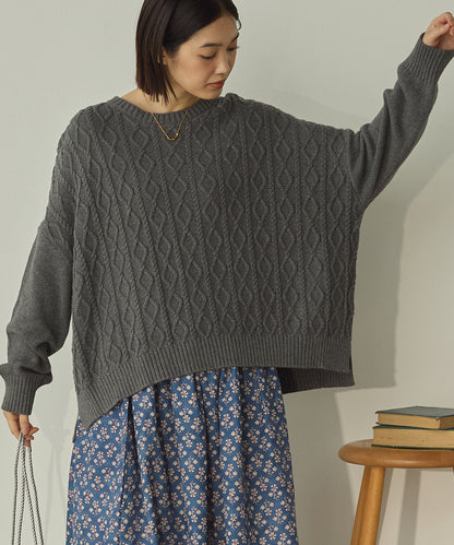 綿カシミヤワイド縄柄プルオーバーニット[11003-5526]