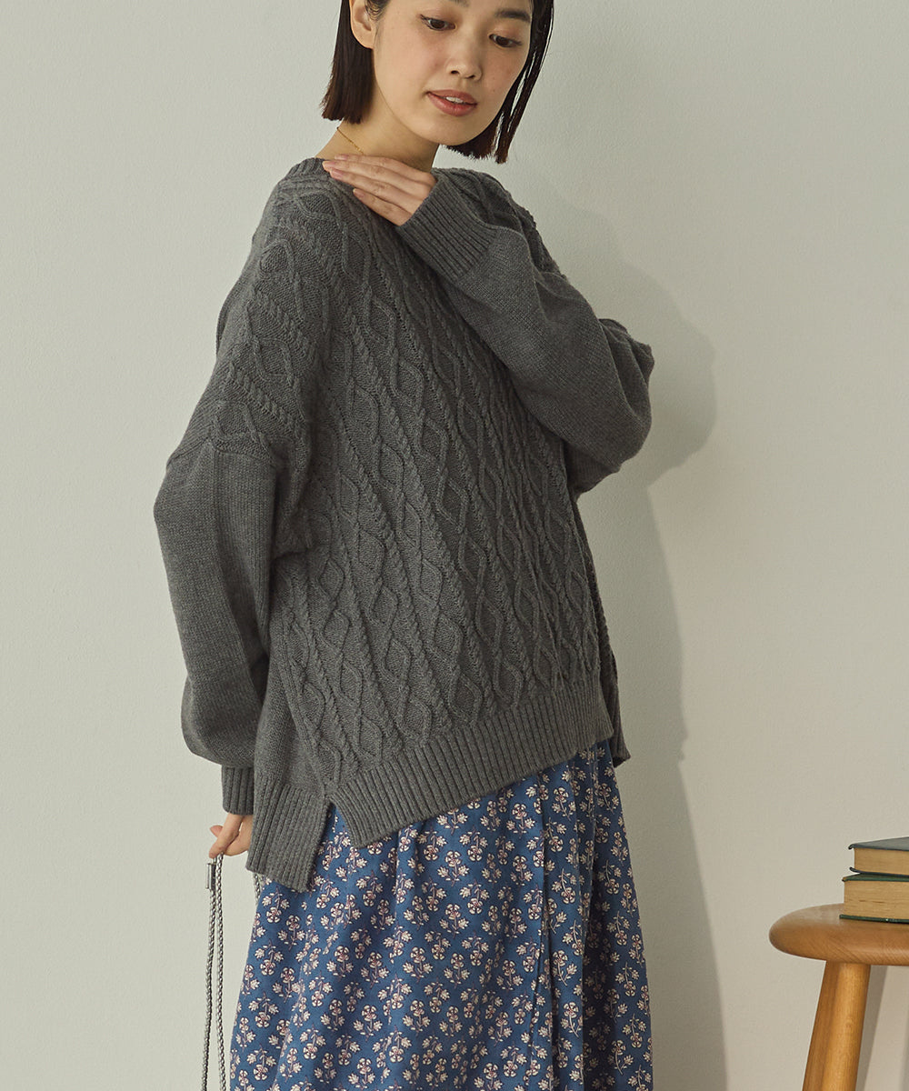 綿カシミヤワイド縄柄プルオーバーニット[11003-5526]