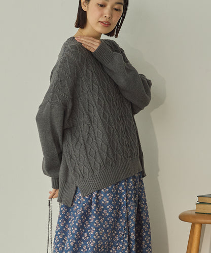 綿カシミヤワイド縄柄プルオーバーニット[11003-5526]