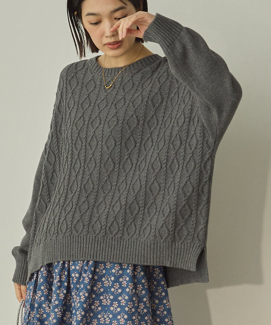 綿カシミヤワイド縄柄プルオーバーニット[11003-5526]