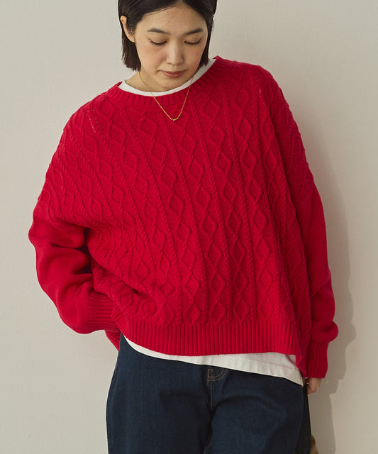 綿カシミヤワイド縄柄プルオーバーニット[11003-5526]
