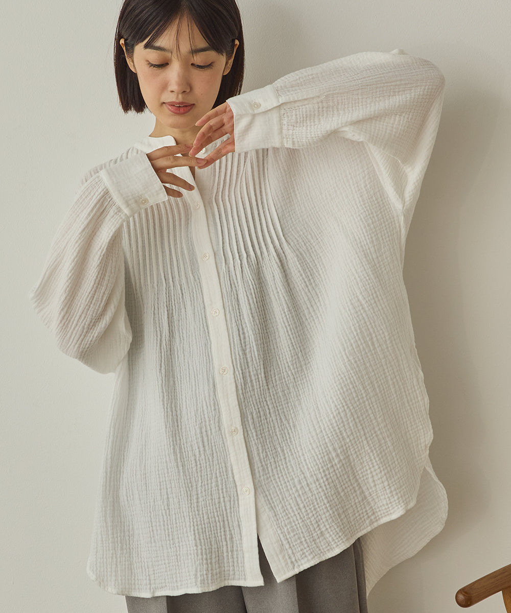 ダブルガーゼ製品洗いピンタック裾ラウンドシャツ[1325-4107]