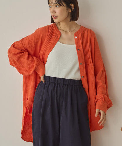 ダブルガーゼ製品洗いピンタック裾ラウンドシャツ[1325-4107]