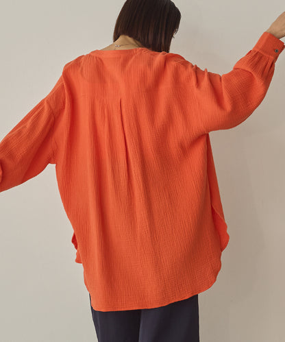 ダブルガーゼ製品洗いピンタック裾ラウンドシャツ[1325-4107]