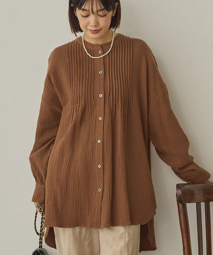 ダブルガーゼ製品洗いピンタック裾ラウンドシャツ[1325-4107]