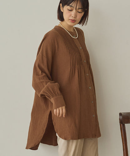 ダブルガーゼ製品洗いピンタック裾ラウンドシャツ[1325-4107]