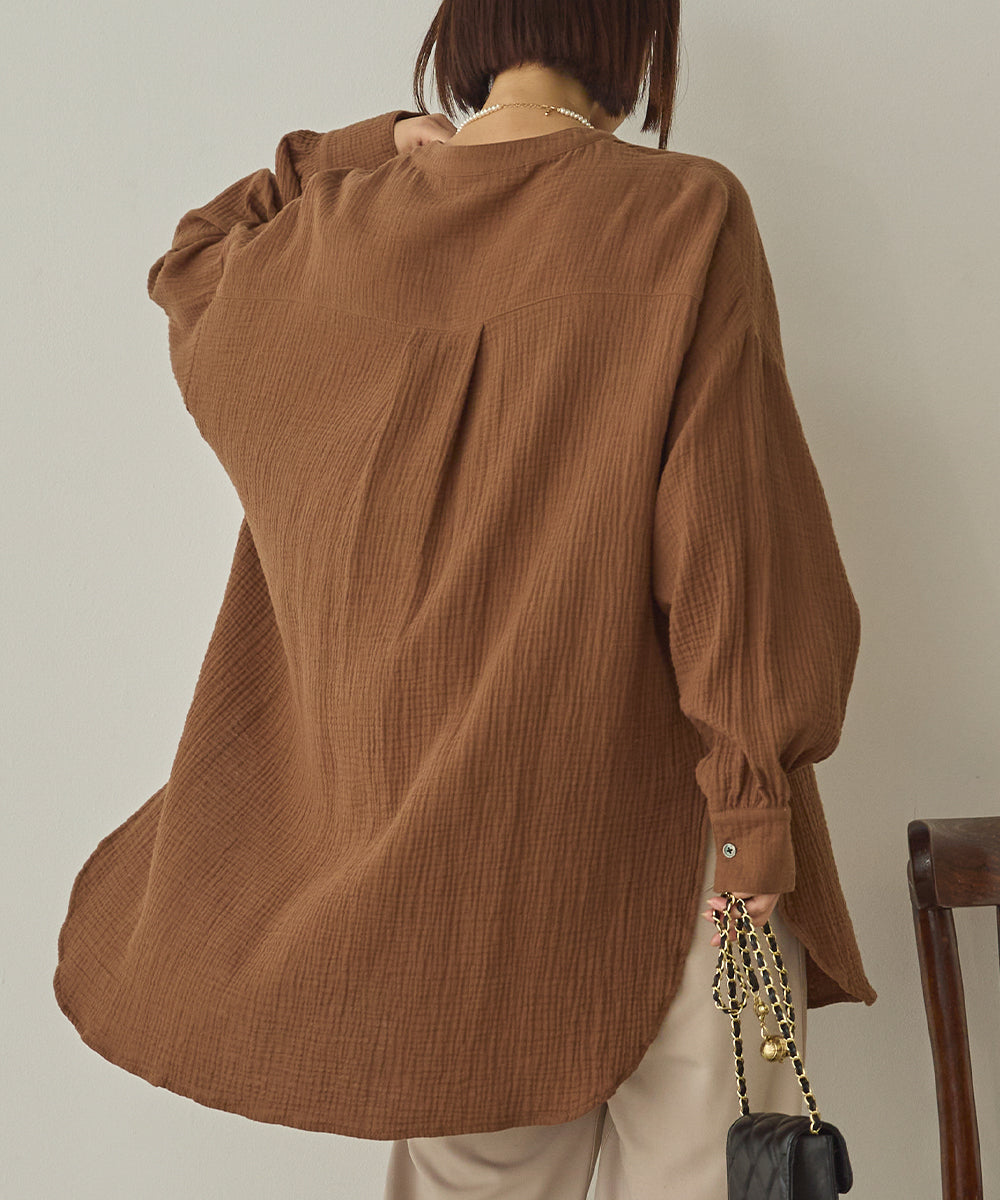 ダブルガーゼ製品洗いピンタック裾ラウンドシャツ[1325-4107]