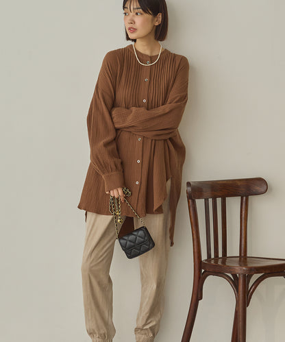 ダブルガーゼ製品洗いピンタック裾ラウンドシャツ[1325-4107]