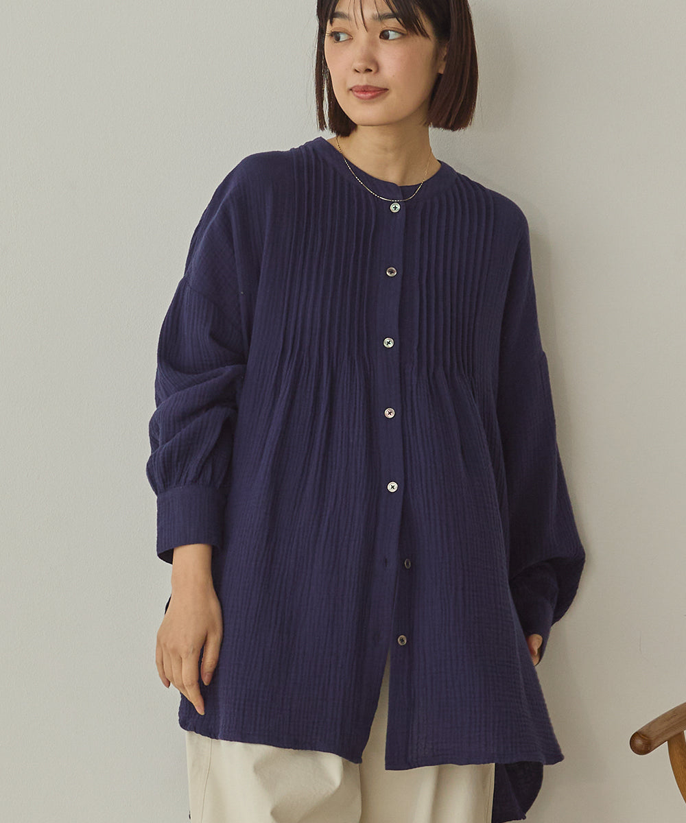 ダブルガーゼ製品洗いピンタック裾ラウンドシャツ[1325-4107]