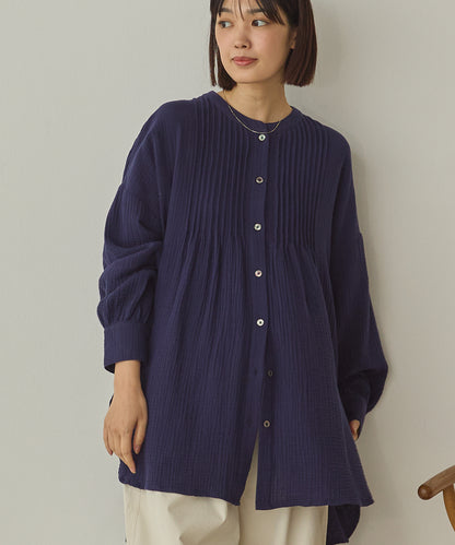 ダブルガーゼ製品洗いピンタック裾ラウンドシャツ[1325-4107]