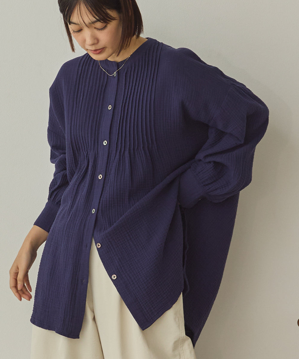 ダブルガーゼ製品洗いピンタック裾ラウンドシャツ[1325-4107]