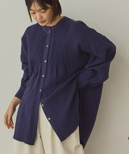 ダブルガーゼ製品洗いピンタック裾ラウンドシャツ[1325-4107]