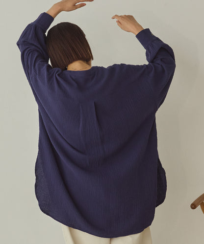 ダブルガーゼ製品洗いピンタック裾ラウンドシャツ[1325-4107]