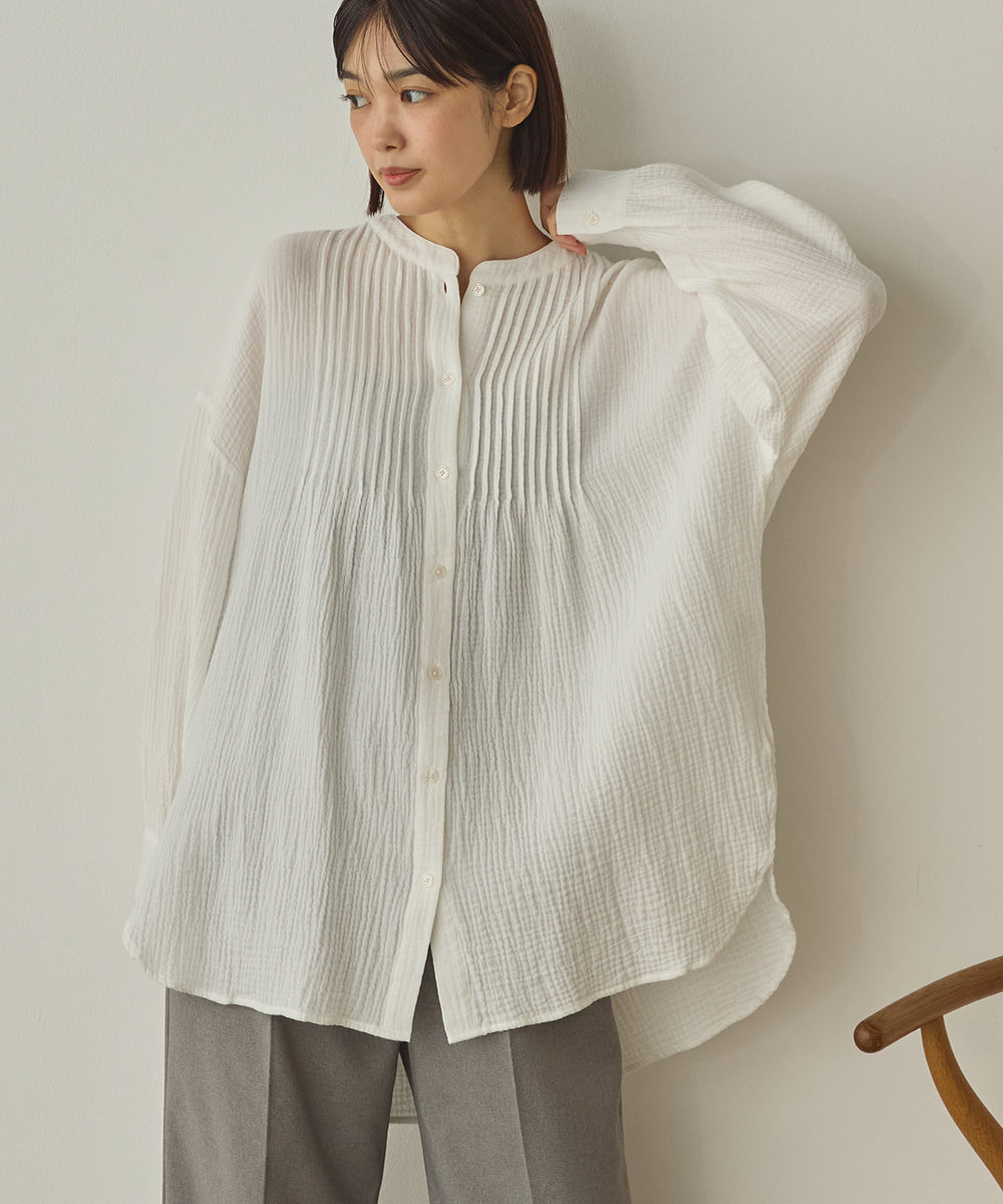 ダブルガーゼ製品洗いピンタック裾ラウンドシャツ[1325-4107]