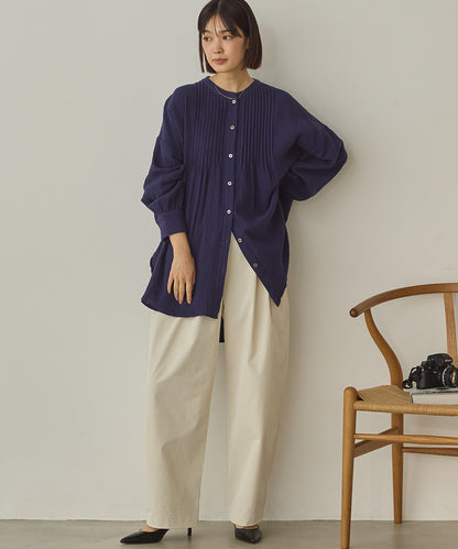 ダブルガーゼ製品洗いピンタック裾ラウンドシャツ[1325-4107]