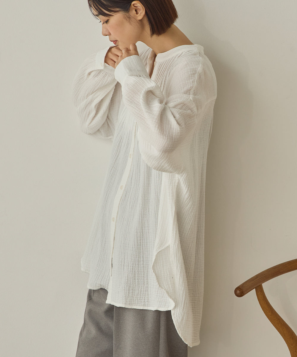 ダブルガーゼ製品洗いピンタック裾ラウンドシャツ[1325-4107]