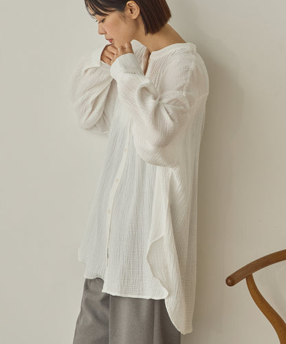 ダブルガーゼ製品洗いピンタック裾ラウンドシャツ[1325-4107]