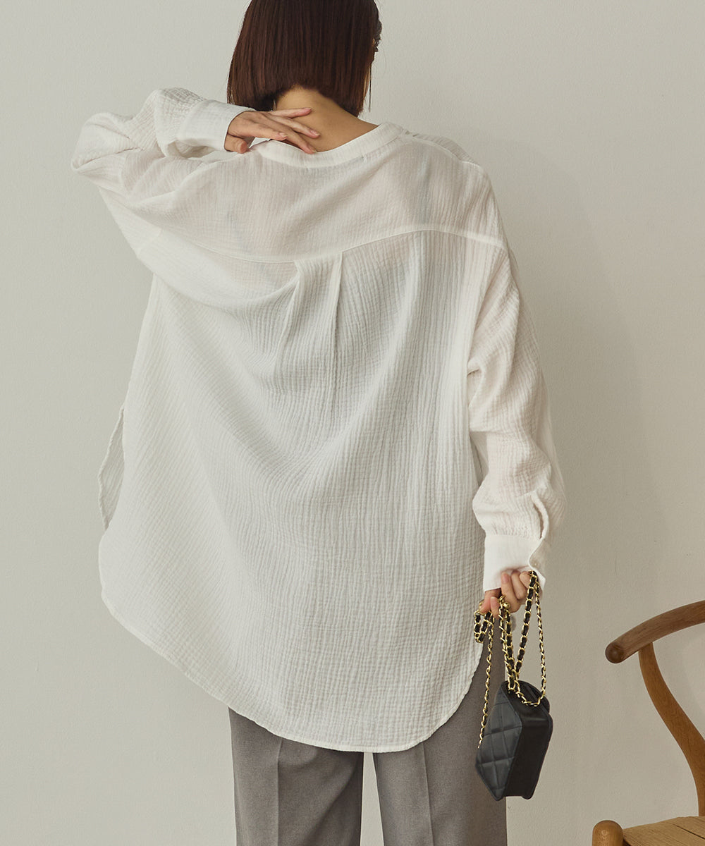 ダブルガーゼ製品洗いピンタック裾ラウンドシャツ[1325-4107]