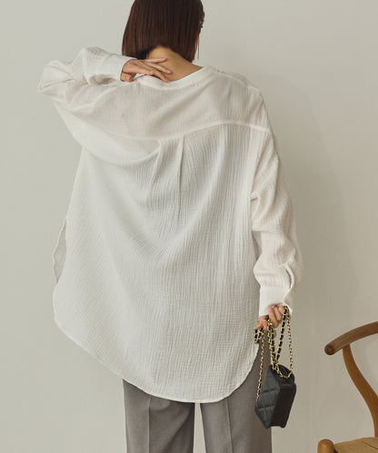 ダブルガーゼ製品洗いピンタック裾ラウンドシャツ[1325-4107]