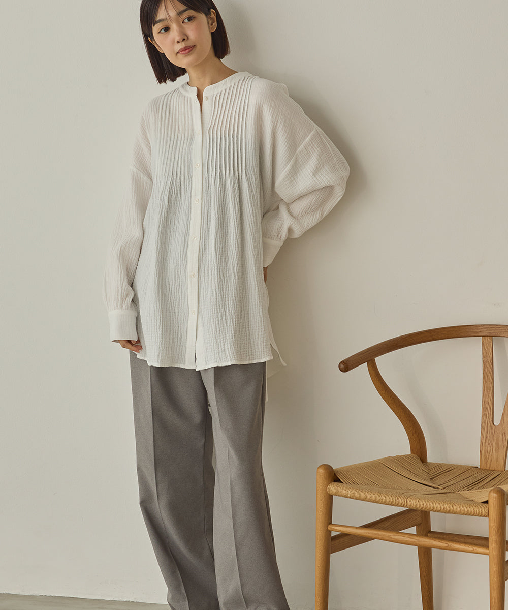 ダブルガーゼ製品洗いピンタック裾ラウンドシャツ[1325-4107]