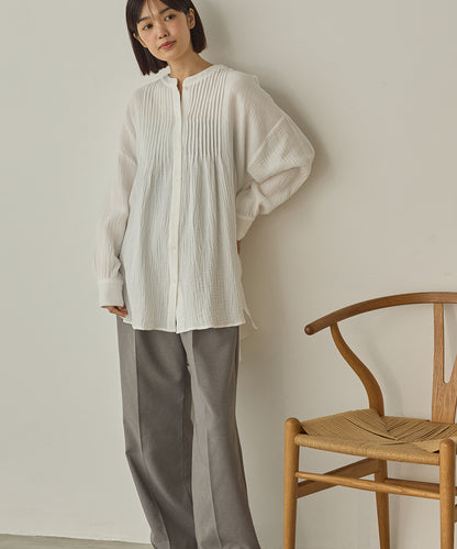 ダブルガーゼ製品洗いピンタック裾ラウンドシャツ[1325-4107]