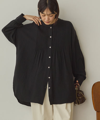 ダブルガーゼ製品洗いピンタック裾ラウンドシャツ[1325-4107]