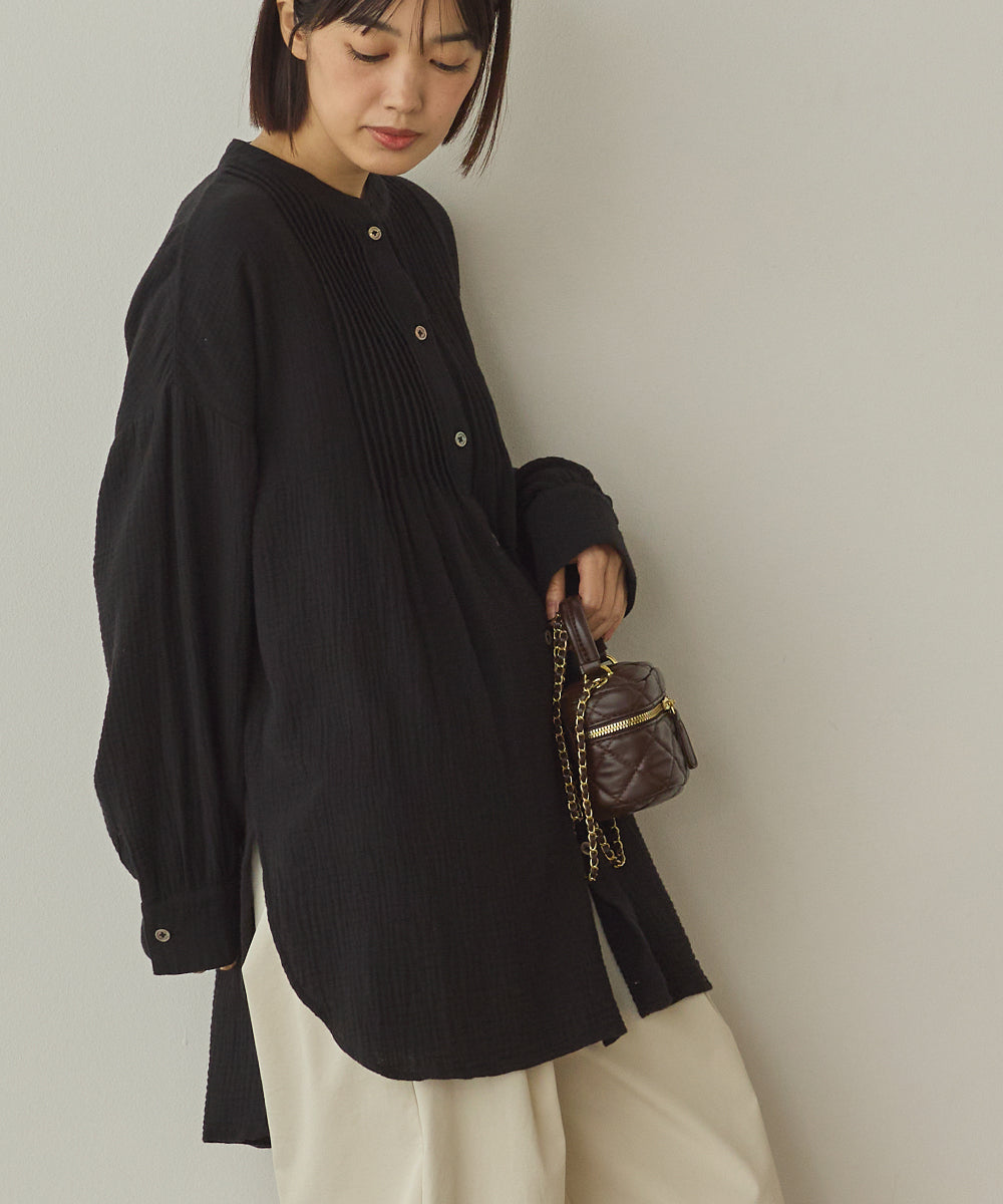 ダブルガーゼ製品洗いピンタック裾ラウンドシャツ[1325-4107]