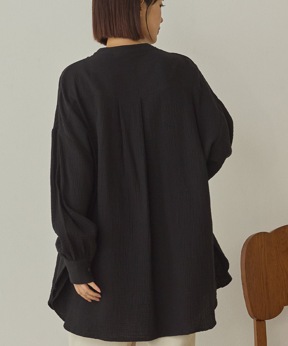 ダブルガーゼ製品洗いピンタック裾ラウンドシャツ[1325-4107]