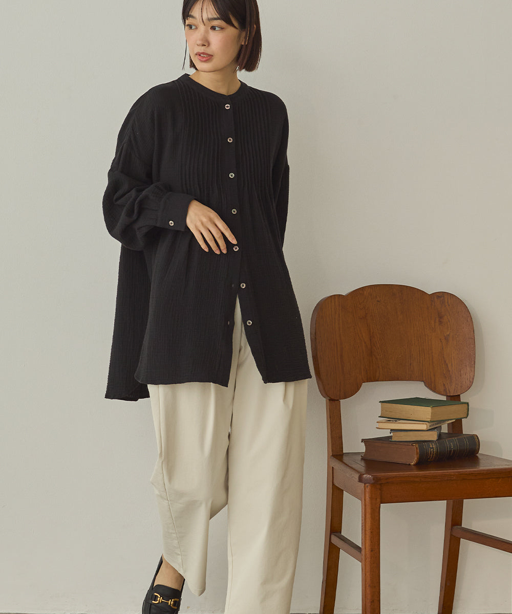 ダブルガーゼ製品洗いピンタック裾ラウンドシャツ[1325-4107]