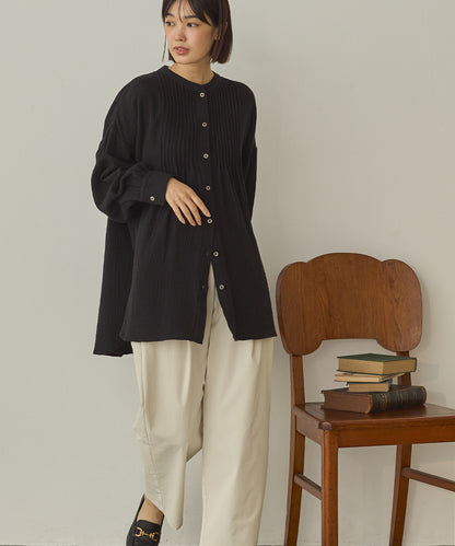 ダブルガーゼ製品洗いピンタック裾ラウンドシャツ[1325-4107]