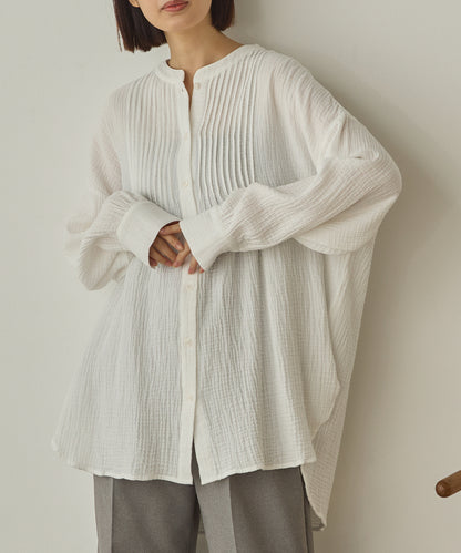 ダブルガーゼ製品洗いピンタック裾ラウンドシャツ[1325-4107]