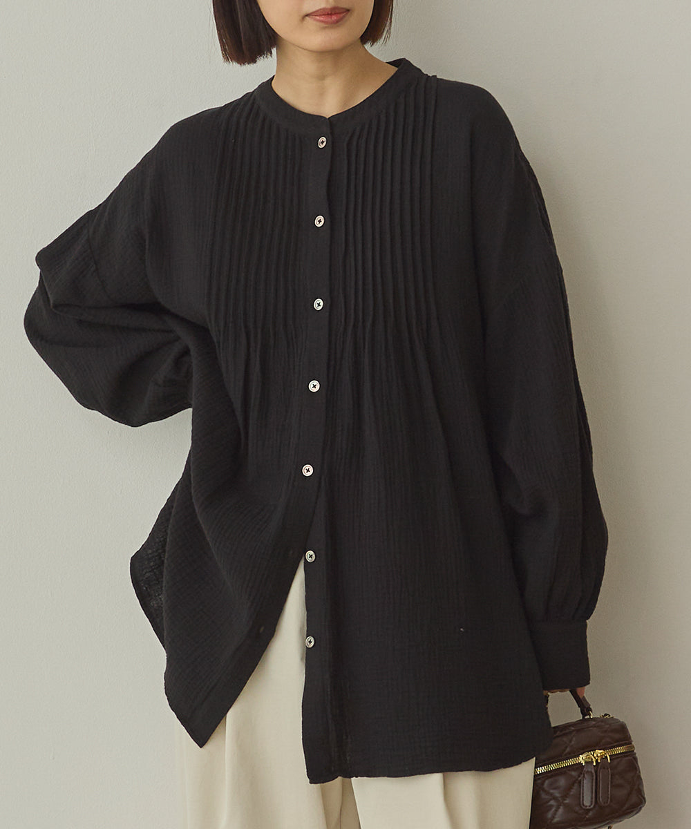 ダブルガーゼ製品洗いピンタック裾ラウンドシャツ[1325-4107]