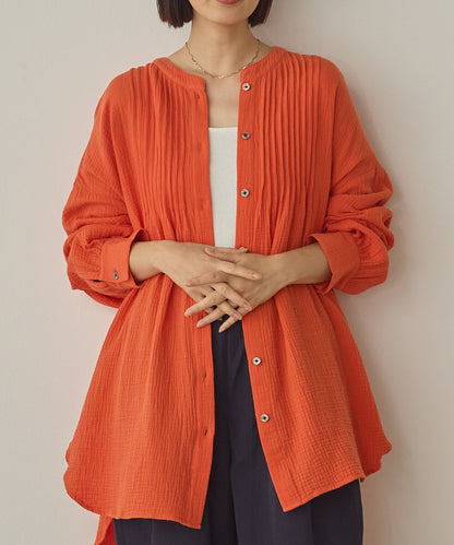 ダブルガーゼ製品洗いピンタック裾ラウンドシャツ[1325-4107]