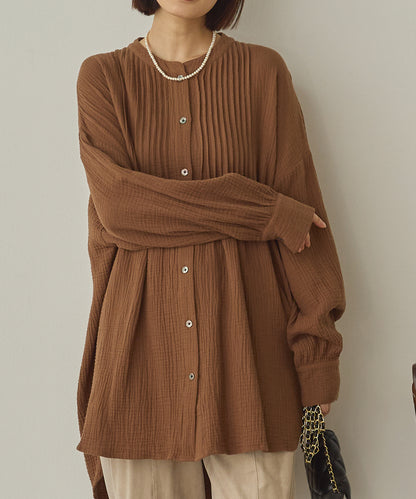 ダブルガーゼ製品洗いピンタック裾ラウンドシャツ[1325-4107]