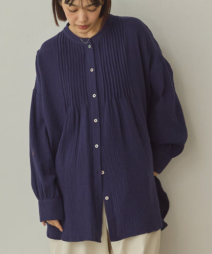 ダブルガーゼ製品洗いピンタック裾ラウンドシャツ[1325-4107]