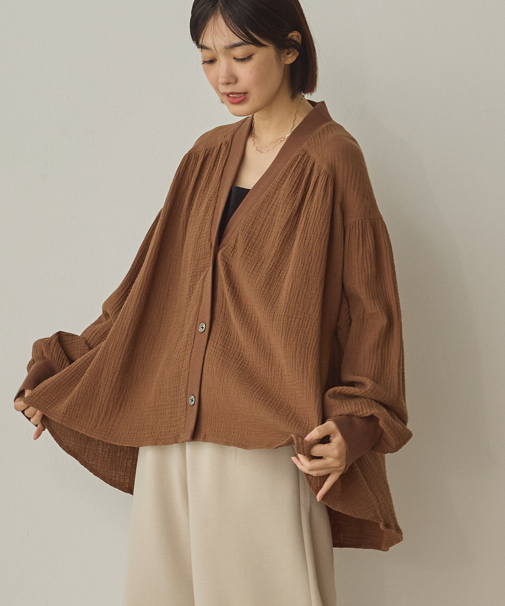 ダブルガーゼ製品洗い裾フレアカーディガン[1325-4108]