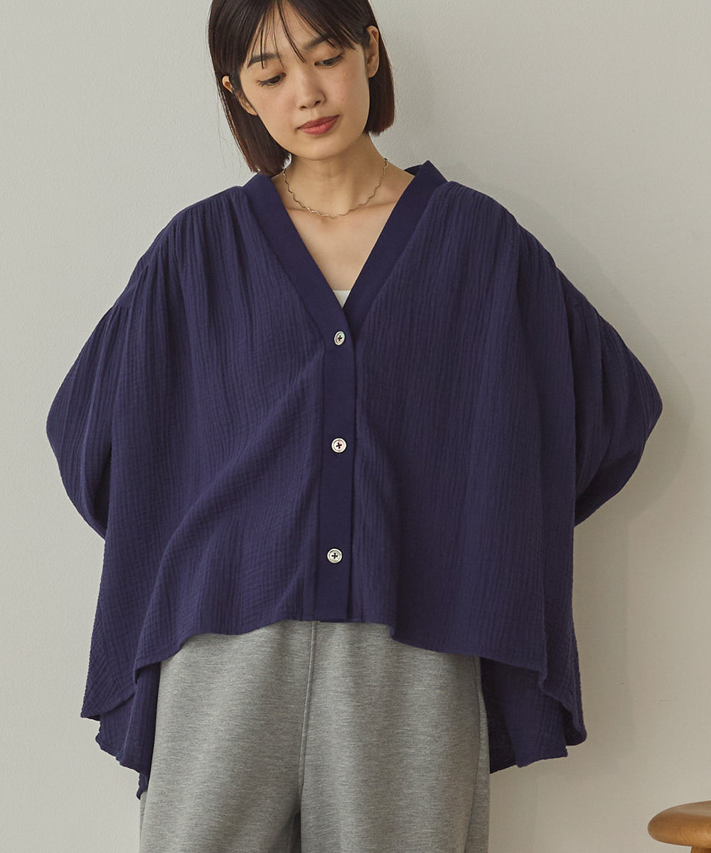 ダブルガーゼ製品洗い裾フレアカーディガン[1325-4108]