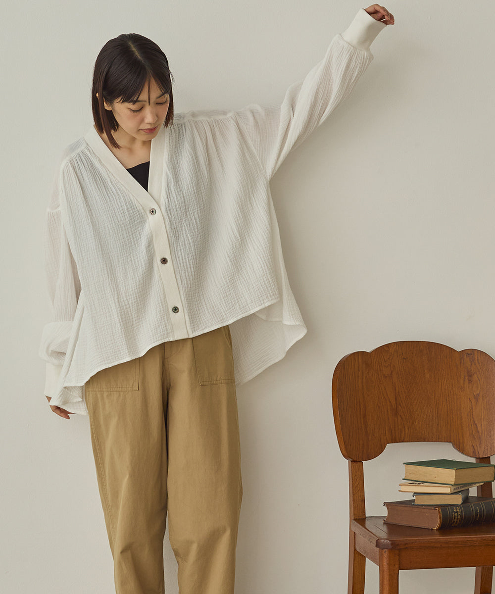 ダブルガーゼ製品洗い裾フレアカーディガン[1325-4108]