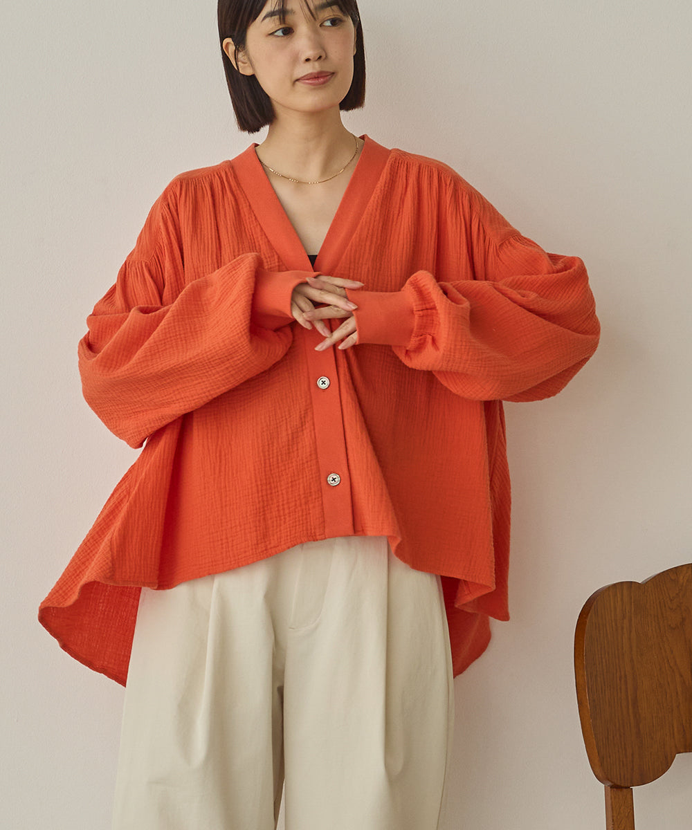 ダブルガーゼ製品洗い裾フレアカーディガン[1325-4108]