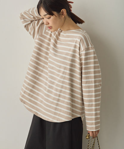 10番単ボーダー裾ラウンド長袖Tシャツ[1325-6139]