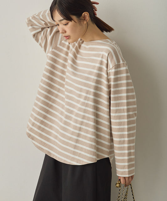 10番単ボーダー裾ラウンド長袖Tシャツ[1325-6139]
