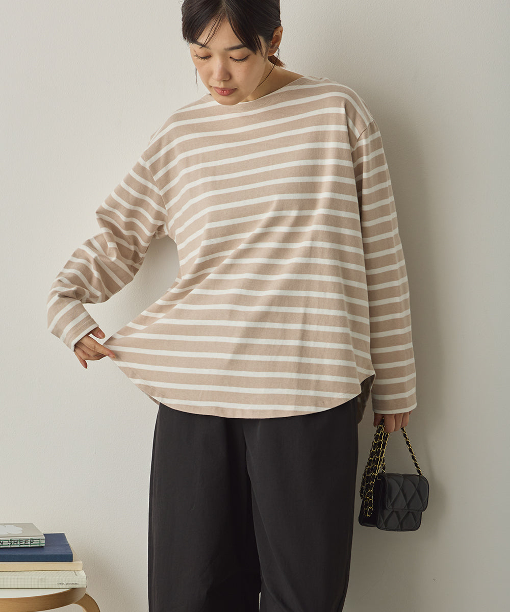 10番単ボーダー裾ラウンド長袖Tシャツ[1325-6139]