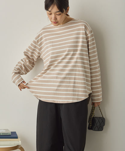 10番単ボーダー裾ラウンド長袖Tシャツ[1325-6139]