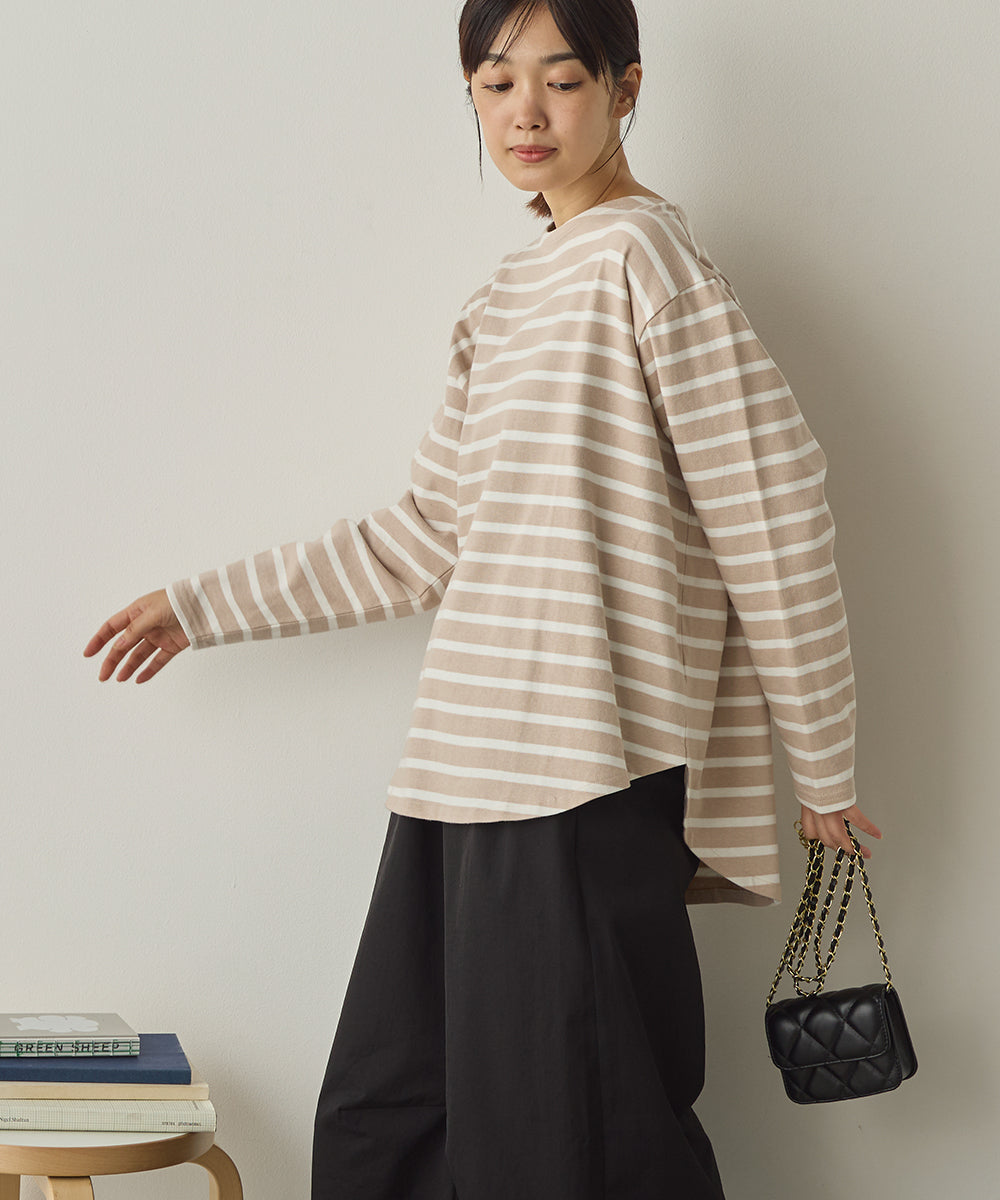10番単ボーダー裾ラウンド長袖Tシャツ[1325-6139]