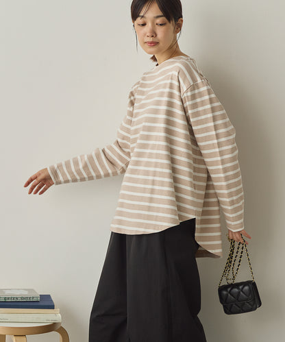 10番単ボーダー裾ラウンド長袖Tシャツ[1325-6139]