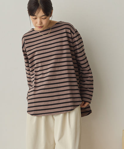 10番単ボーダー裾ラウンド長袖Tシャツ[1325-6139]